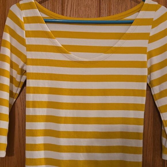 GAP Mustard White Striped Blouse Dip Back 3 / 4 Sleeve Nautical Womens Xs - Picture 4 of 11